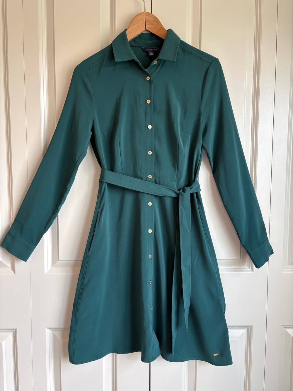 Tommy Hilfiger Hunter Green Preppy Long Sleeve Shirt Dress Button Front size XS